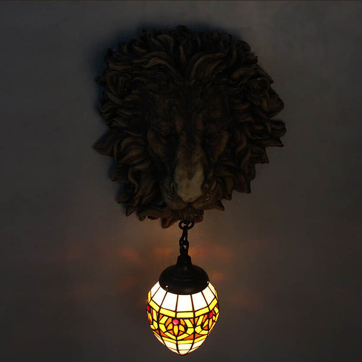 Traditional Tiffany Creative Resin Lion's Head 1-Light Wall Sconce Lamp For Dining Room