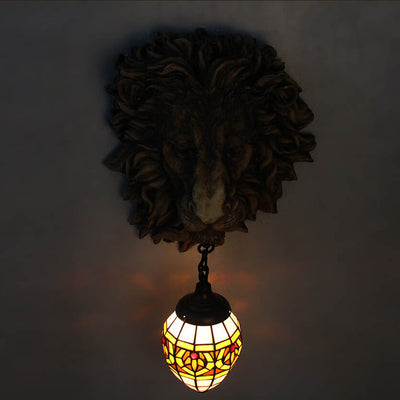 Traditional Tiffany Creative Resin Lion's Head 1-Light Wall Sconce Lamp For Dining Room