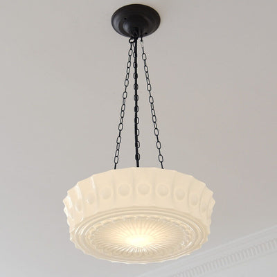 French Vintage White Jade Glass Stripes Round Drum LED Semi-Flush Mount Ceiling Light