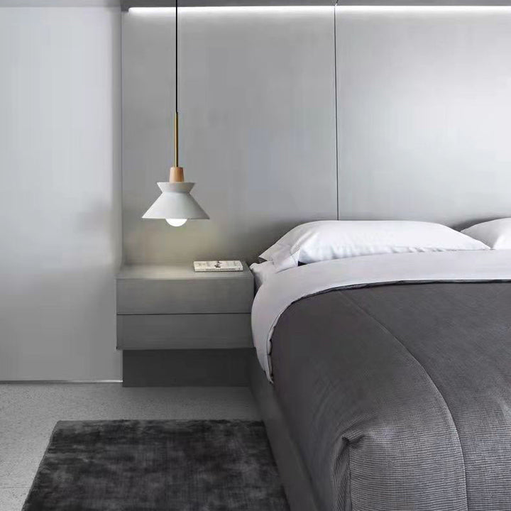 Lámpara colgante contemporánea de 1 luz con cono redondo de hardware de vidrio cemento madera para sala de estar 