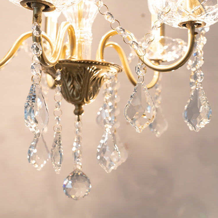 Candelabro de Cristal Redondo Francés Tradicional de Rama Completa de Latón Vidrio 5/6/8 Luces para Sala de Estar 