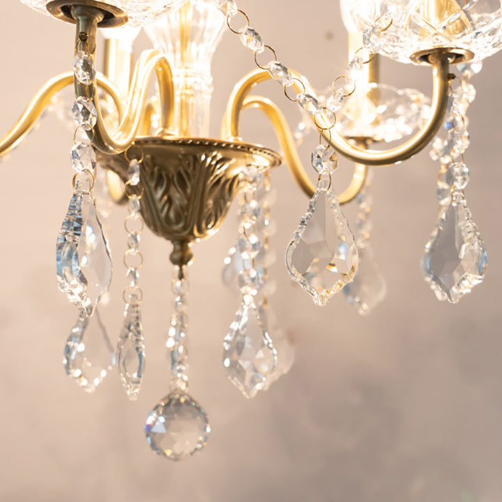 Candelabro de Cristal Redondo Francés Tradicional de Rama Completa de Latón Vidrio 5/6/8 Luces para Sala de Estar 