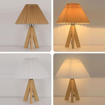 Lámpara de mesa de 1 luz con pantalla de tela plisada trapezoidal minimalista moderna y trípode de madera para dormitorio 