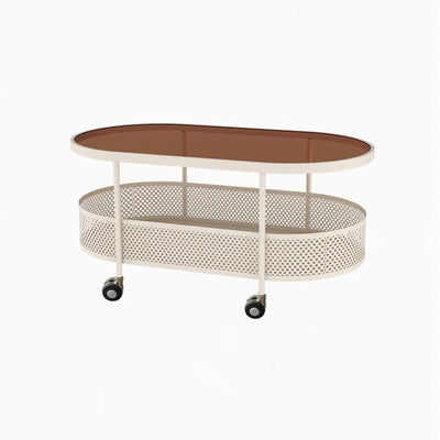 Table d'appoint mobile en fer avec dessus en verre ovale de simplicité moderne, armoire à 2 niveaux pour le salon 