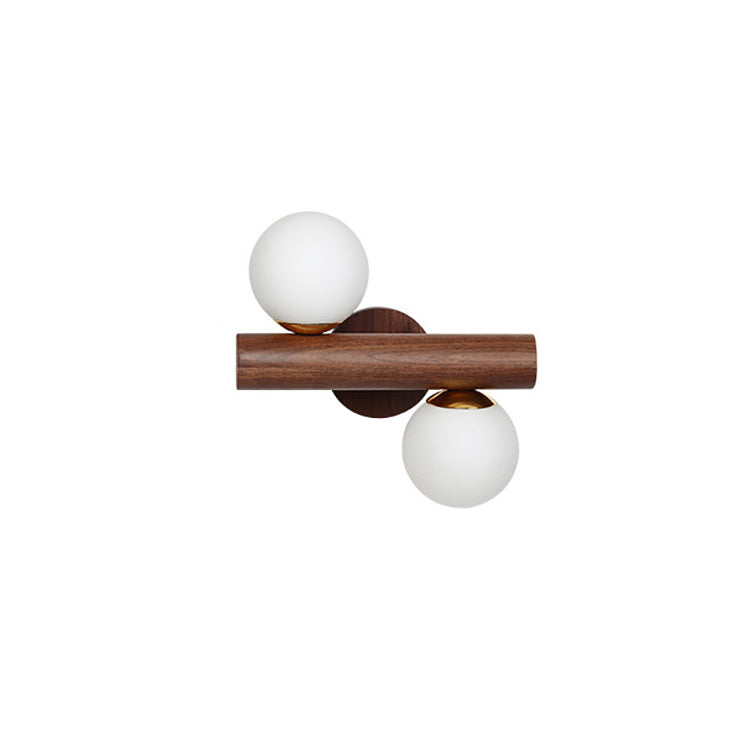 Traditional Japanese Metal Rubber Wood Walnut Glass Cylinder Strip Ball 2-Light Wall Sconce Lamp For Bedside