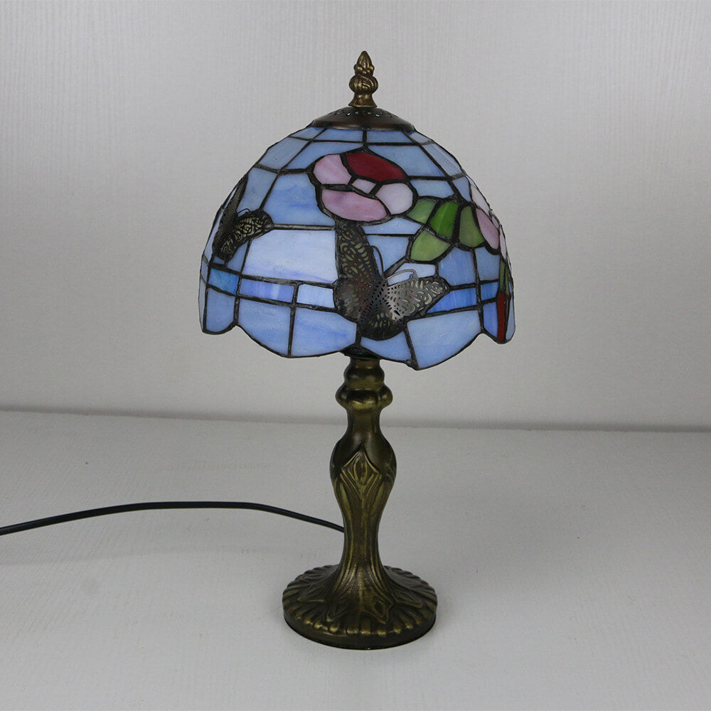 Vintage Tiffany Tierblumen Dekoration Buntglas Kuppel 1-Licht Tischlampe 