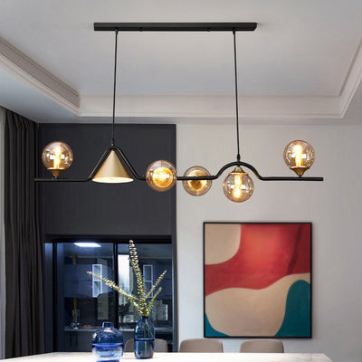 Contemporary Scandinavian Long Round Ball Cone Iron Glass 6-Light Island Light Chandelier For Dining Room