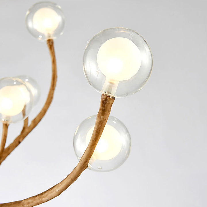 Araña de ramas de madera con globo de vidrio moderno de 8/12/16/20 luces para sala de estar 