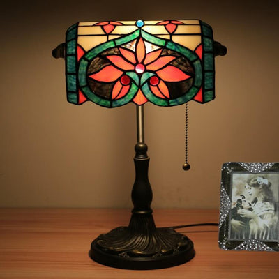 Tiffany Vintage Floral Peach Heart Stained Glass 1-Light Bank Table Lamp