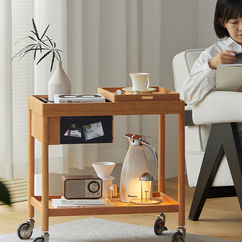 Mesa de café rectangular de vidrio y madera escandinava contemporánea de 2 niveles para sala de estar 