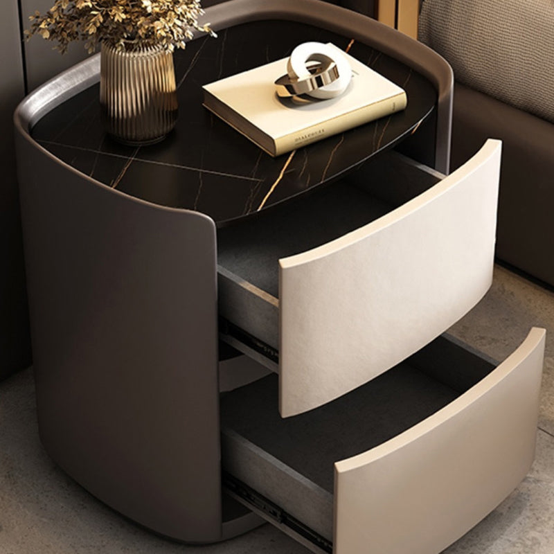 Table de nuit en bois avec cuir en microfibre elliptique à la simplicité moderne à 2 tiroirs pour le chevet 