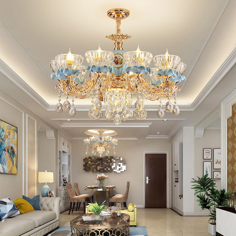 Traditional European Flower Candelabra Zinc Alloy Crystal Glass Ceramic 6/8/10/12-Light Chandelier For Living Room