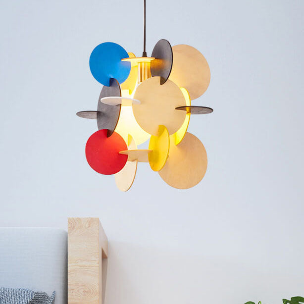 Nordic Creative Round Building Blocks Solid Wood 1-Light Pendant Light