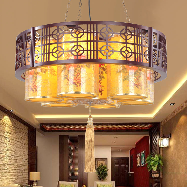 Lustres Traditionnels Chinois en Bois de Fer PVC Cylindre Rond Imprimé 7/9/11 Lumières pour Salle à Manger 