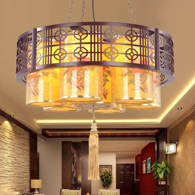 Traditioneller chinesischer Eisen-Holz-PVC-Rundzylinder bedruckter 7/9/11-Licht-Kronleuchter für Esszimmer 
