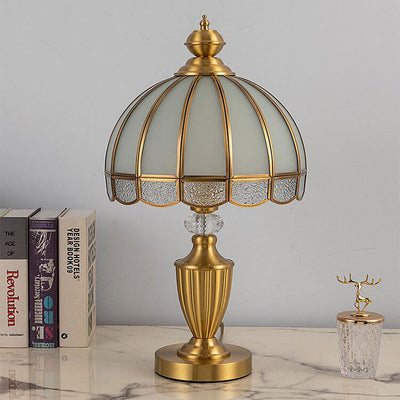 Chinese Vintage Brass Water Pattern Glass Dome 1-Light Table Lamp