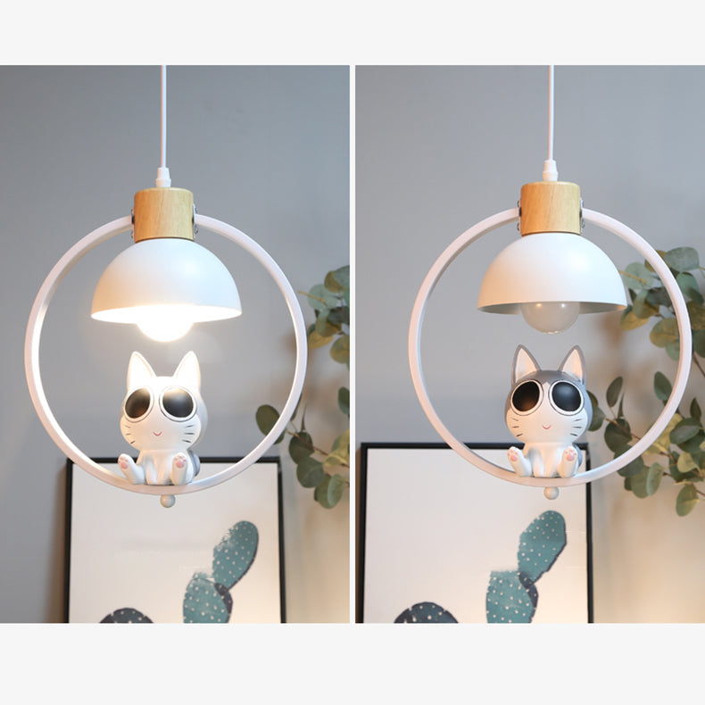 Suspension contemporaine en bois nordique fer résine ronde chat de dessin animé 1 lumière pour chevet 