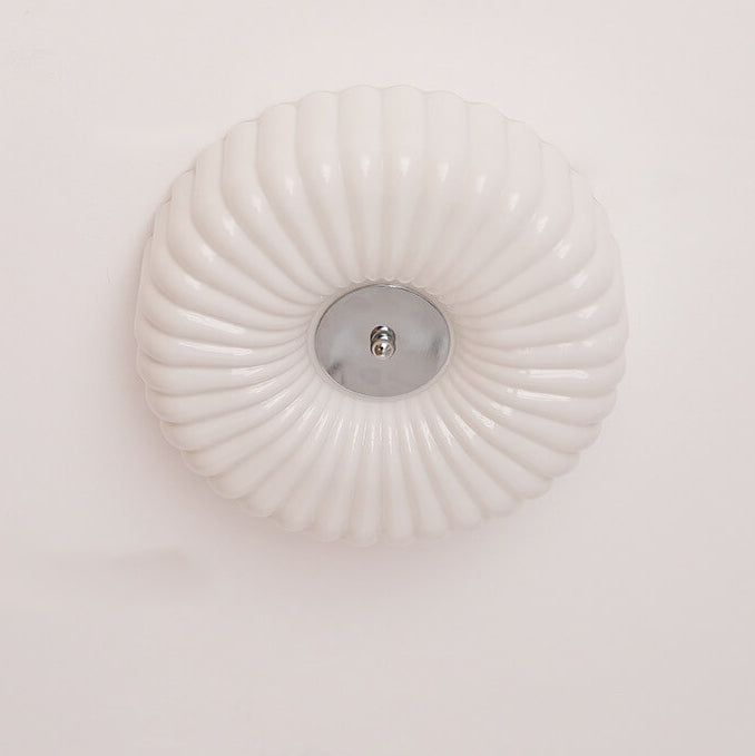 French Minimalist Cream Textured Glass Round LED Flush Mount Ceiling Light