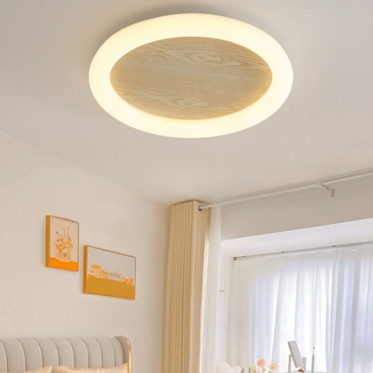 Japanese Minimalist Wood Grain Round Iron LED Flush Mount Ceiling Light