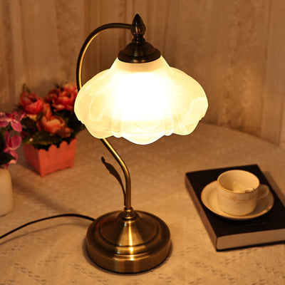 European Vintage Frosted Floral Glass Shade Metal Base 1-Light Table Lamp