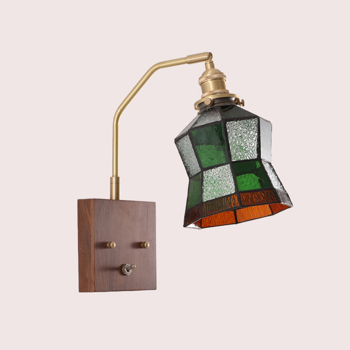 Zeitgenössische Retro Quadrat Kegel Alle Kupfer Holz Glas 1-Licht Wand Leuchte Lampe Für Wohnzimmer 
