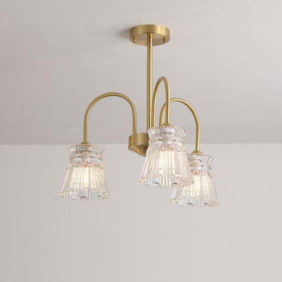 Zeitgenössische Retro gebogene Stange Blume Tasse Kupfer Glas 3/5/6 Licht Kronleuchter für Wohnzimmer 