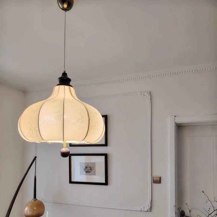 Suspension Luminaire Traditionnel Vintage en Forme de Châtaigne Ronde en Tissu Bois Massif 3/5 Lumières pour Salon 