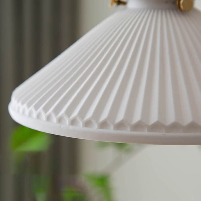 Traditional Japanese Pleated Ceramic Cone Shade Brass 1-Light Pendant Light For Living Room