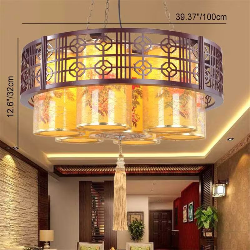 Lustres Traditionnels Chinois en Bois de Fer PVC Cylindre Rond Imprimé 7/9/11 Lumières pour Salle à Manger 