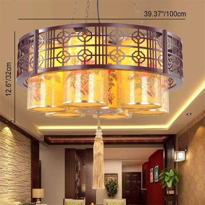 Lustres Traditionnels Chinois en Bois de Fer PVC Cylindre Rond Imprimé 7/9/11 Lumières pour Salle à Manger 