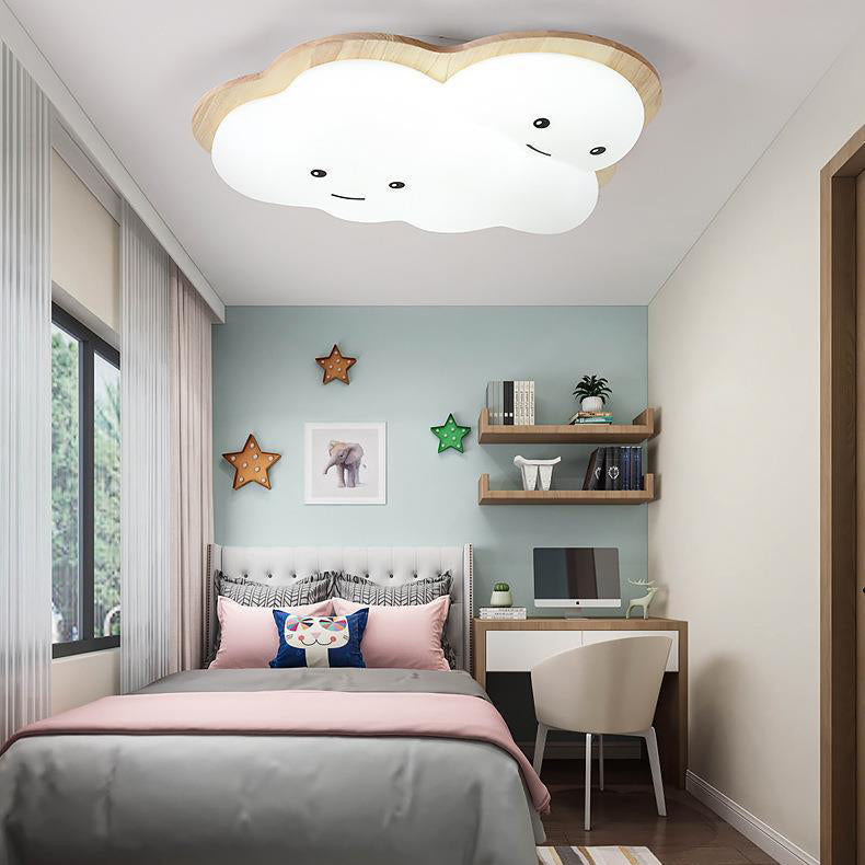 Modern Art Deco Airplane Clouds Moon Acrylic Wood LED Flush Mount Ceiling Light For Living Room