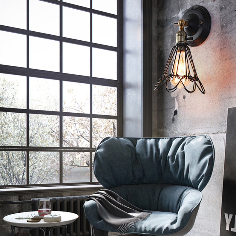 Aplique de pared de 1 luz con pantalla de soporte de hierro retro contemporáneo para comedor 