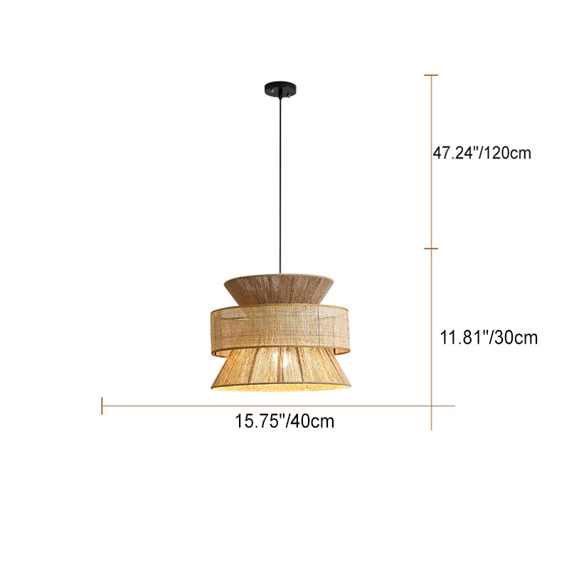 Traditional Vintage Zen Rattan Hemp Rope Weaving Round Shade 1-Light Pendant Light For Living Room