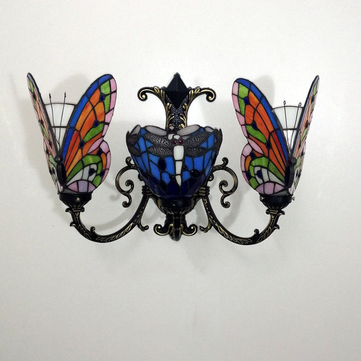 Traditional Tiffany European Butterfly Alloy Iron Glass 3-Light Wall Sconce Lamp For Hallway