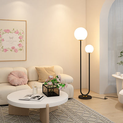 Moderner minimalistischer langer runder Ball Eisen Glas 2-Licht Stehlampe für Schlafzimmer 