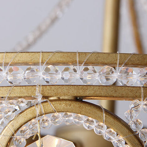Traditional French Crystal Bead Strings Bowl Gold Iron 5-Light Semi-Flush Mount Ceiling Light For Living Room
