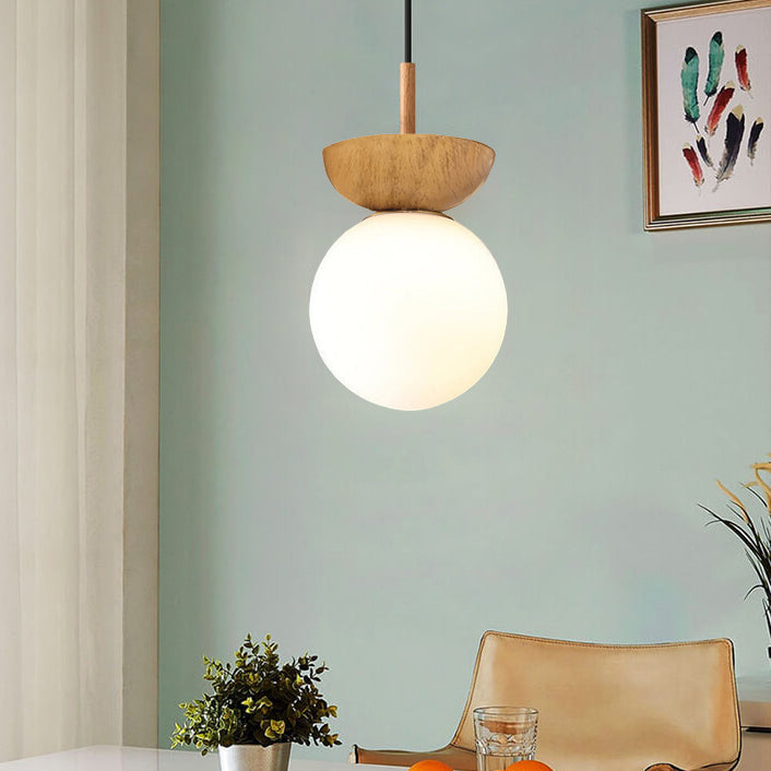 Nordische Japanische Glas Kugel Holzmaserung Eisen 1-Licht Deckenleuchte 