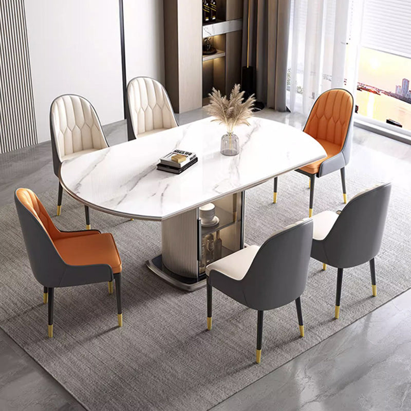 Contemporary Nordic Elliptical Rock Slab Oak Wood Glass Dining Table &amp; Chair Set For 4 Seats