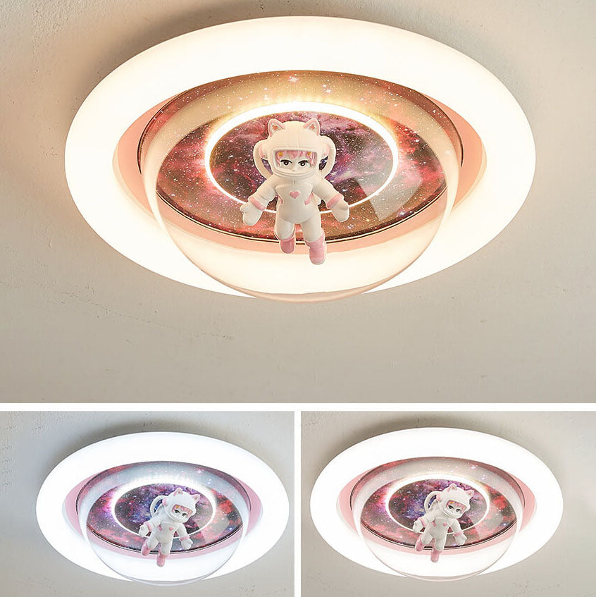 Contemporary Creative Cartoon Pink Astronaut Unicorn Round Acrylic Resin LED Flush Mount Ceiling Light For Bedroom