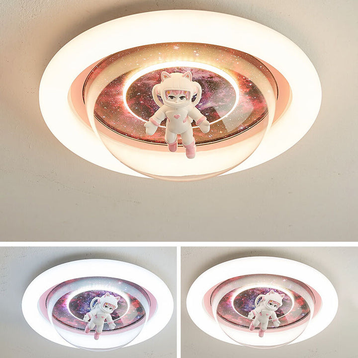 Contemporary Creative Cartoon Pink Astronaut Unicorn Round Acrylic Resin LED Flush Mount Ceiling Light For Bedroom