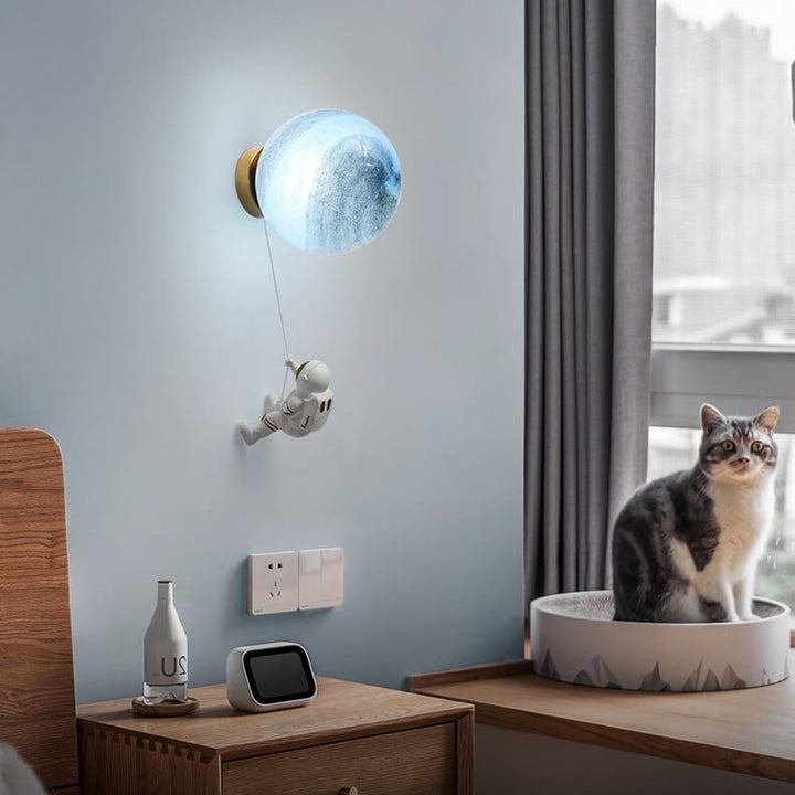 Contemporary Creative Orb Astronaut Iron Resin 1-Light Wall Sconce Lamp For Bedroom