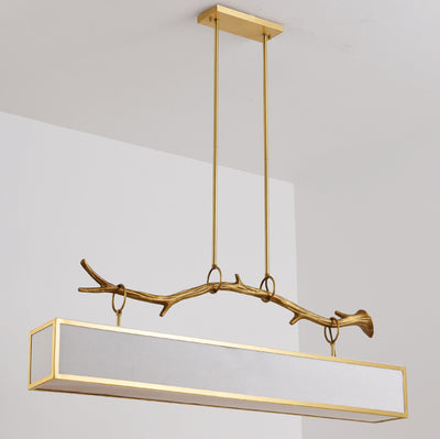 Moderne Art Deco Vollkupfer Zweig Stoff Rechteck Schatten 1-Licht Insel Licht Pendelleuchte für Wohnzimmer 