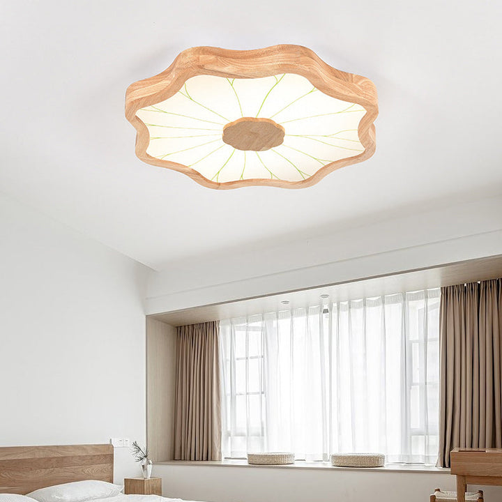 Traditionelle chinesische Lotusblatt-Deckenleuchte aus Holz, Eisen, Acryl, LED-Unterputz-Deckenleuchte für Wohnzimmer 