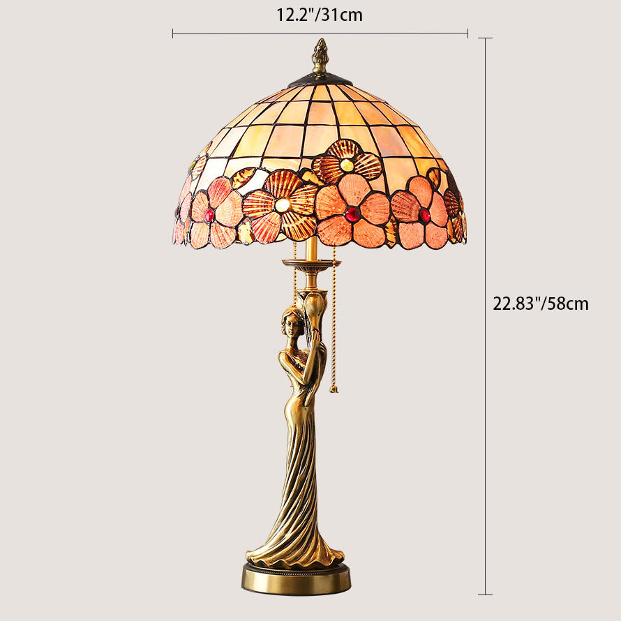 Tiffany Kupfer Göttin Statue Basis Muschel Dekoration 2-Licht Tischlampe 