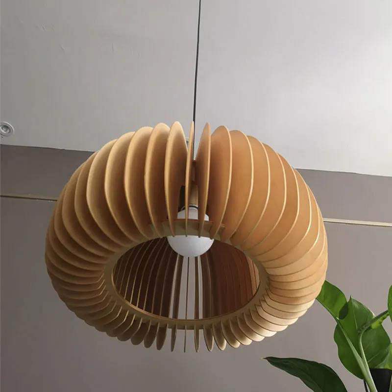 Traditional Japanese Iron Wooden Pumpkin Shape 1-Light Pendant Light For Living Room