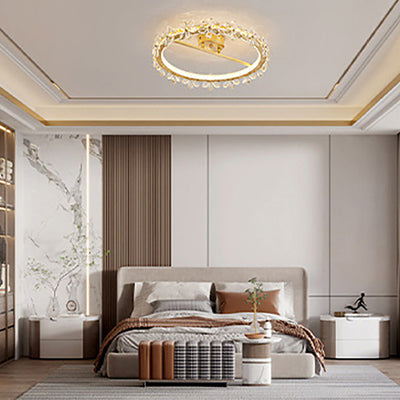 Modern Luxury Round Petal Full Copper Crystal LED Semi-Flush Mount Ceiling Light For Bedroom