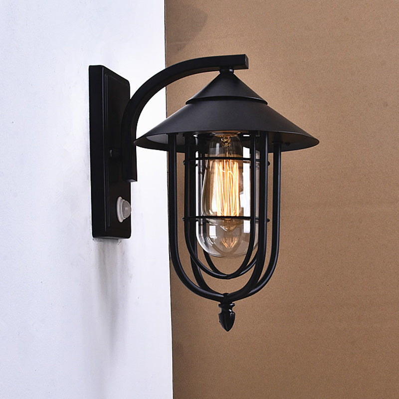 Zeitgenössische industrielle menschliche Wahrnehmung Eisen Glas 1-Licht Außenwandleuchte Lampe für Garten 