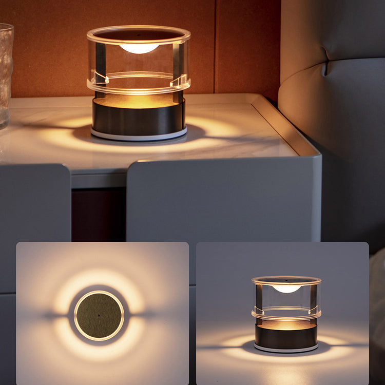 مصباح طاولة LED أسطواني من الألومنيوم والفولاذ المقاوم للصدأ مع PMMA وPC بتصميم بسيط حديث للجانب السرير 