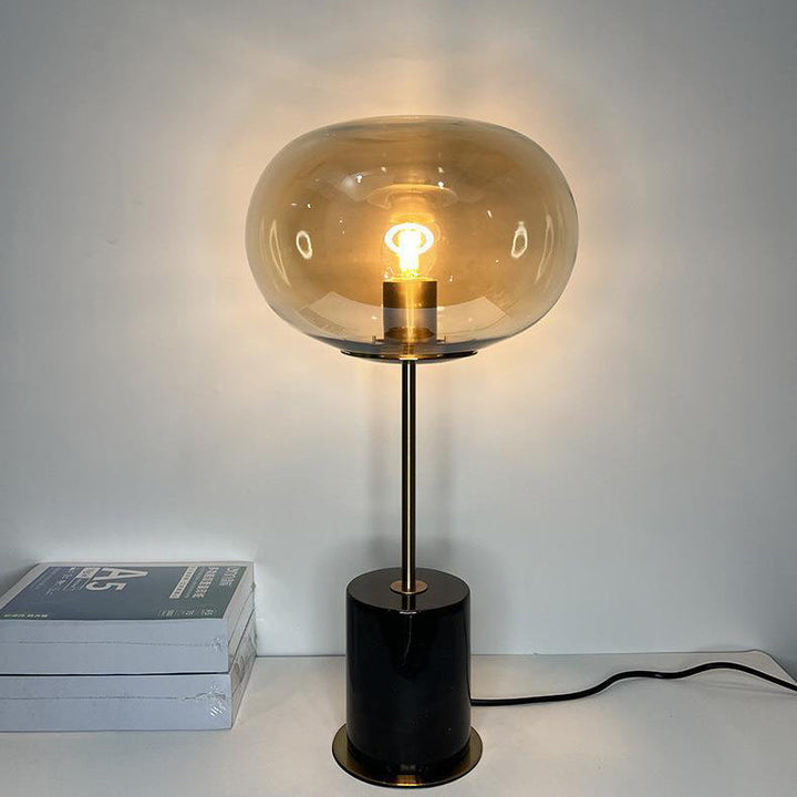 Lampe de table moderne minimaliste à une lumière avec base en marbre cylindrique et boule ronde en fer et verre pour salon 