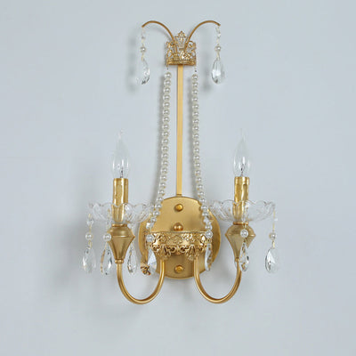 Zeitgenössische Luxus Eisen Kristall Perle Teardrop Anhänger Kerzenhalter 2-Licht Wandleuchte Lampe für Wohnzimmer 